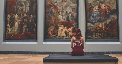 Mujer en un museo apreciando una pintura